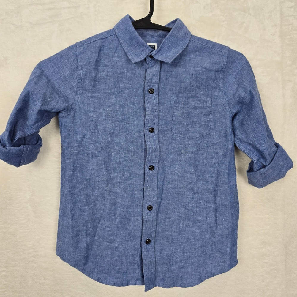 Janie and Jack Boys Blue Linen Cotton Roll Tab Button Down Shirt Size 5